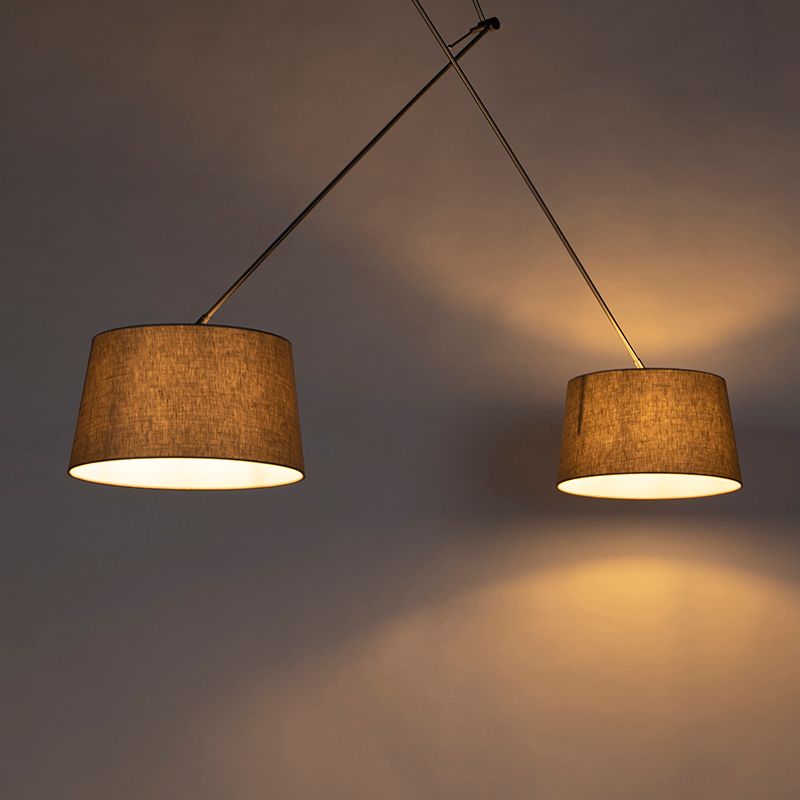 Hanglamp staal met linnen kappen taupe 35 cm 2-lichts  - Blitz