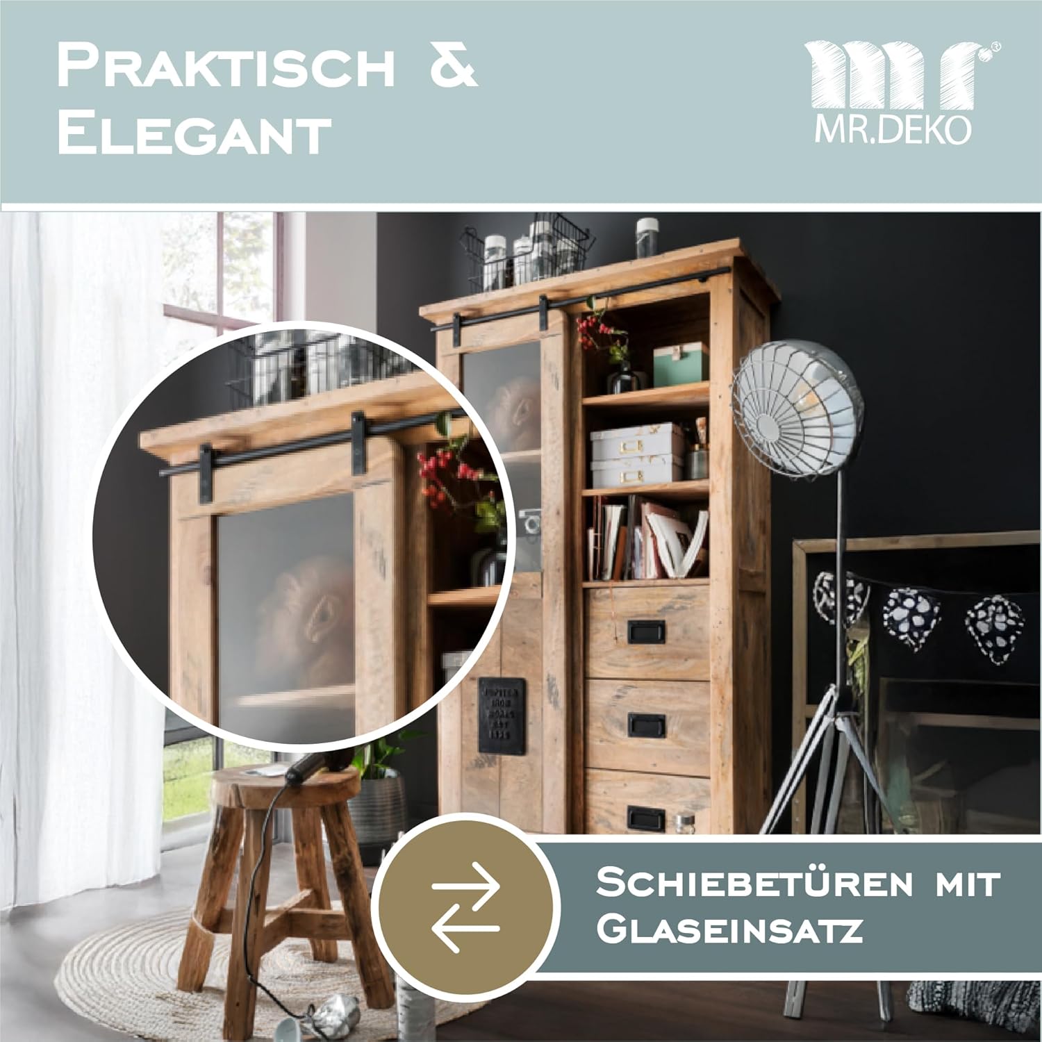 Vitrine Florenz Mango Holz | Vitrinenschrank mit Glas & Schiebetür | Bücherregal im Retro Stil | Schubladenschrank für Wohnzimmer Esszimmer Flur | Massives Sideboard Highboard 100x45x175cm