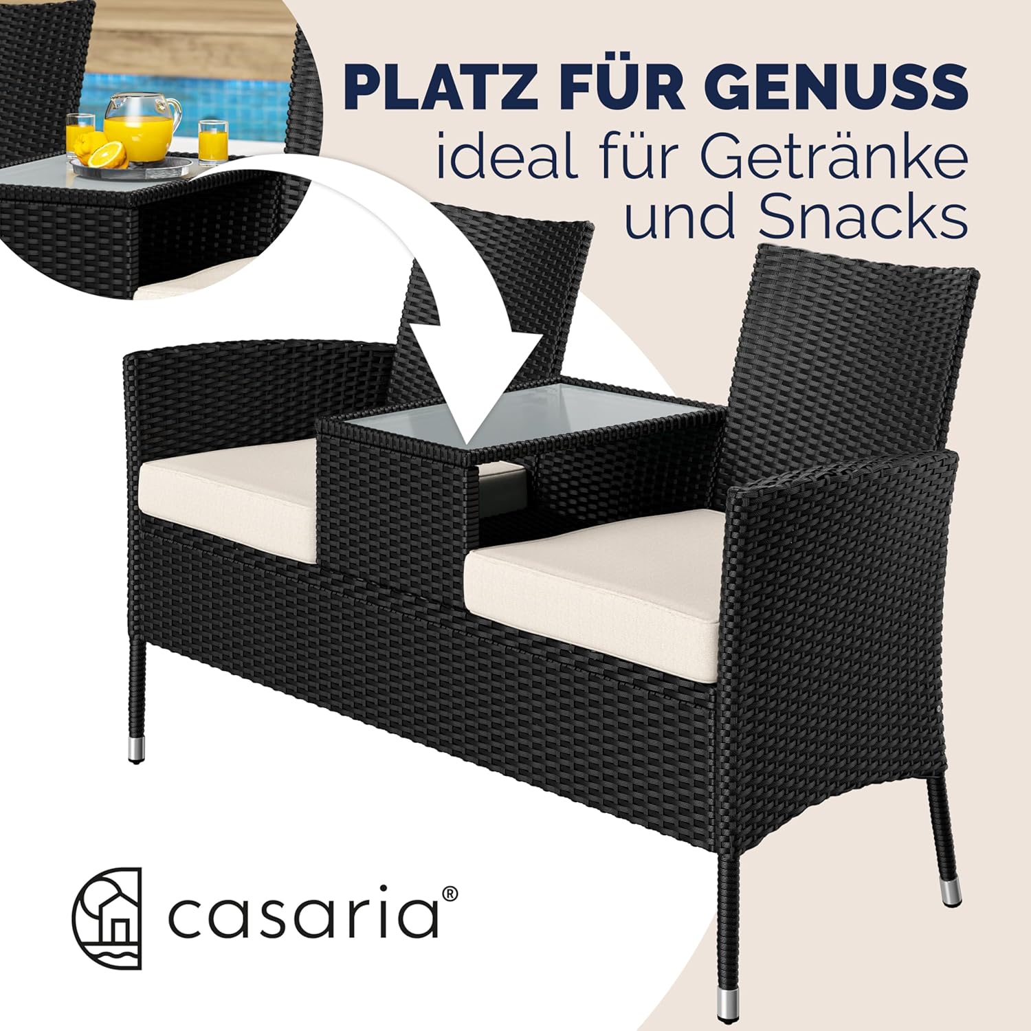 Casaria® Gartenbank Sitzbank inkl. Auflagen Wetterfest Polyrattan 320kg Belastbar Tisch Ablage UV-beständig Garten Balkon Bank 2-Sitzer 143x55cm Schwarz