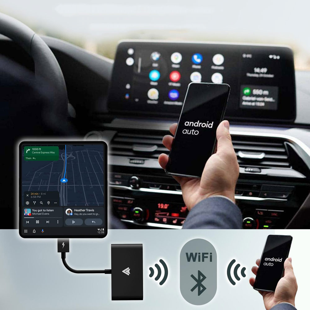 Bluetooth Android Auto KFZ Carplay USB A Adapter mit USB C Aufsatz für Android Smartphones (Google Assistant) - Schwarz