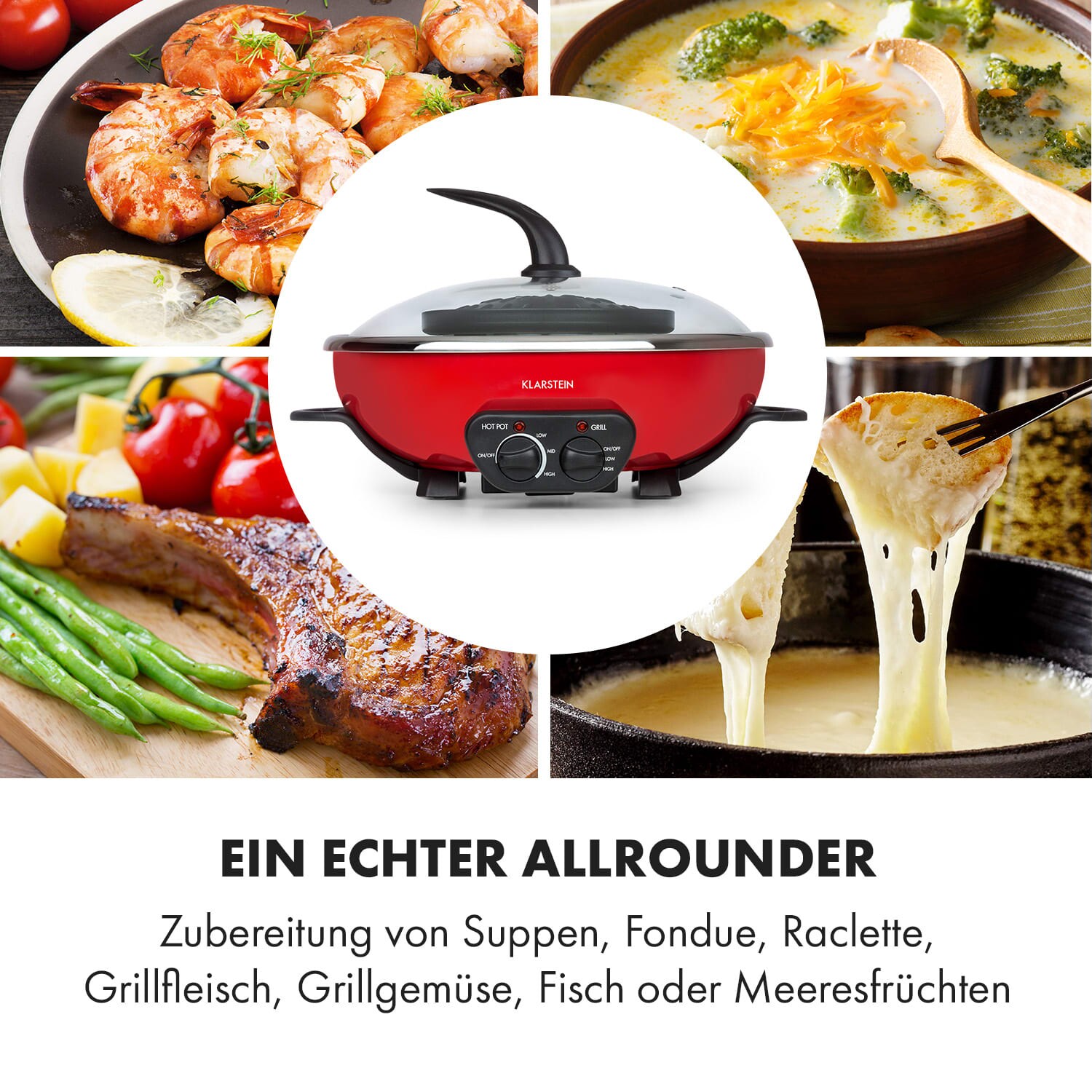 Szechuan Hot Pot und Grillplatte 5l Vol. 1350 W, 600 W rot