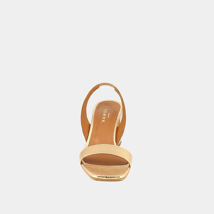 Sandales à talons et bouts carrés  en cuir craquelé or