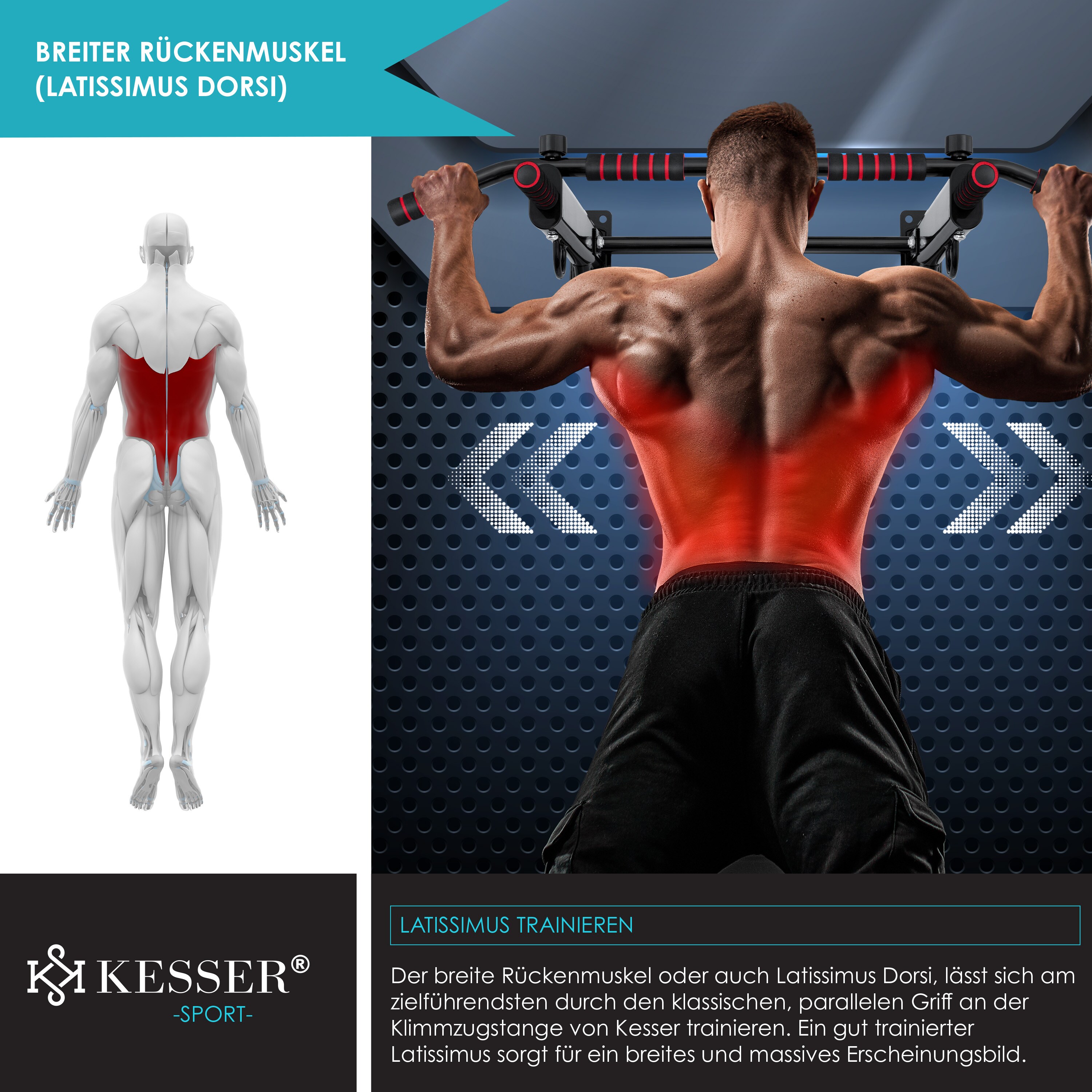 KESSER® 4in1 Klimmzugstange zur Wandmontage rutschfesten Griffen zusätzliche Funktion für Seile Ringe und Boxsäcke mit verschiedenen Griffpositionen | sicher & stabil | Pull Up Bar für zuhause