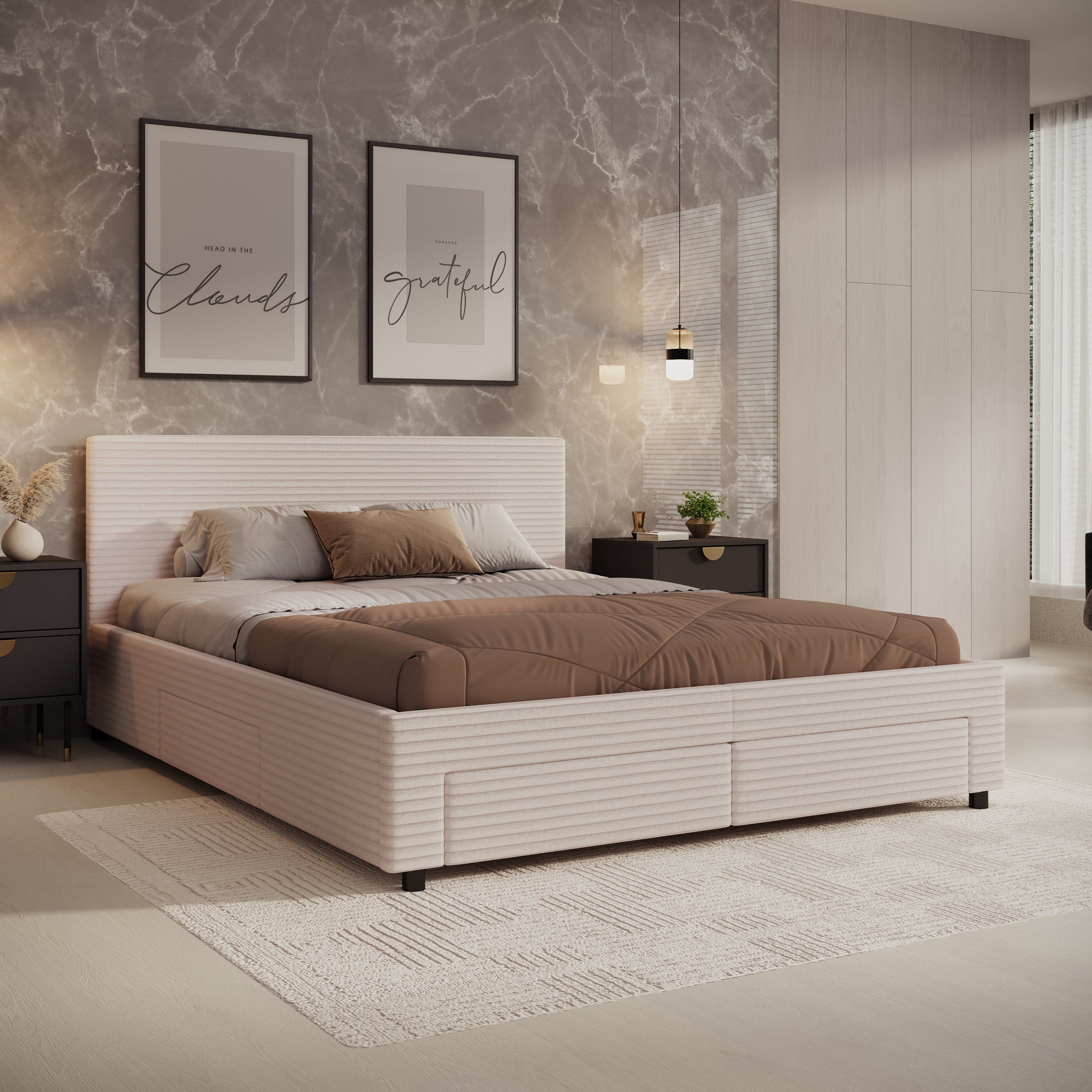 Suente - Tweepersoonsbed met 4 lades - Ribstof beige - 160x200 cm