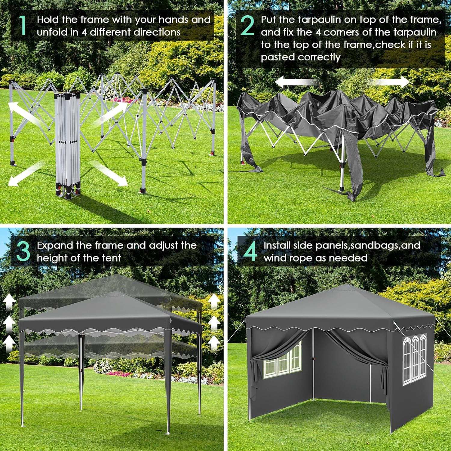 Pavillon 3x3, Faltpavillon Stabil Winterfest mit Oxford, UV Schutz 50+, Faltpavillon mit Seitenteilen, 4 PCS Sandsack, Gartenpavillon Höhenverstellbar, Faltbare Pavillon Zelt für Camping Grau