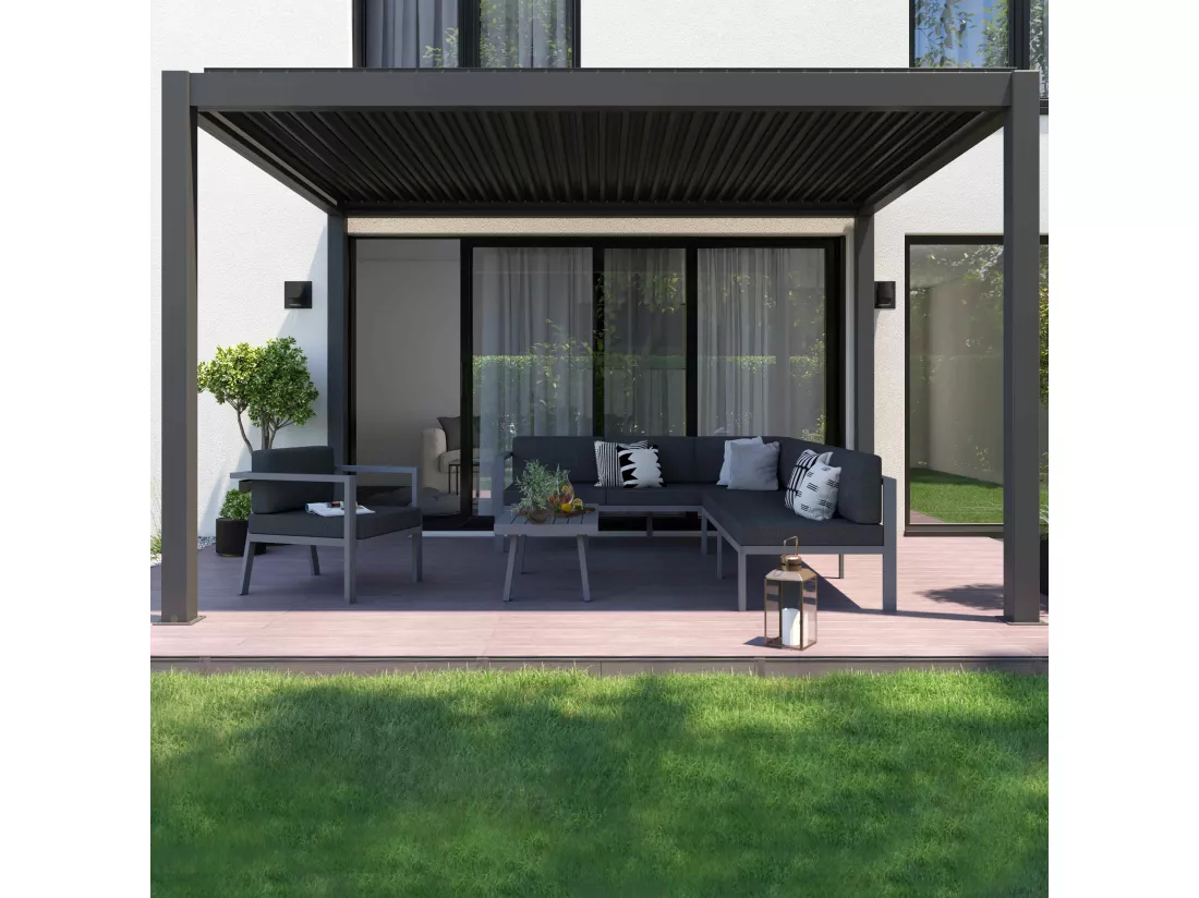 Pergola bioclimatique autoportée motorisée éclairée 3x4m et 2 stores