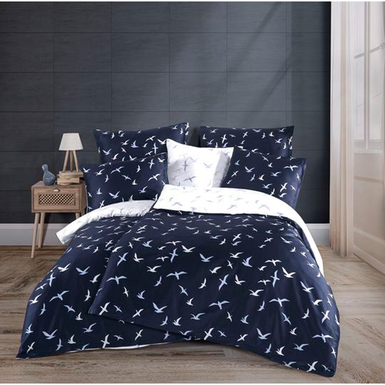 Bettwäsche Satin Vögel navy
