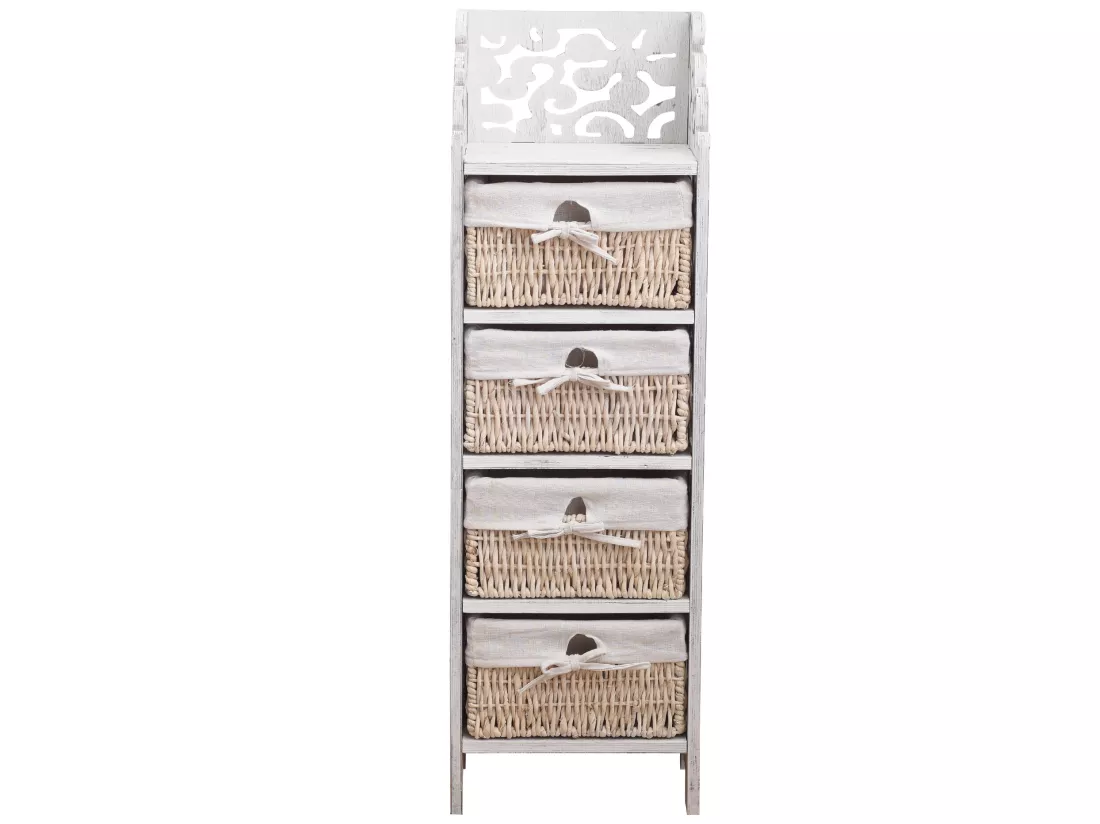 Commode Table De Chevet 4 Tiroirs Bois Osier Blanc 98x29x22