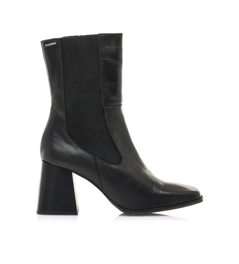 Botas de cano curto casuais Mustang Portya em couro preto - Salto de 7,5 cm