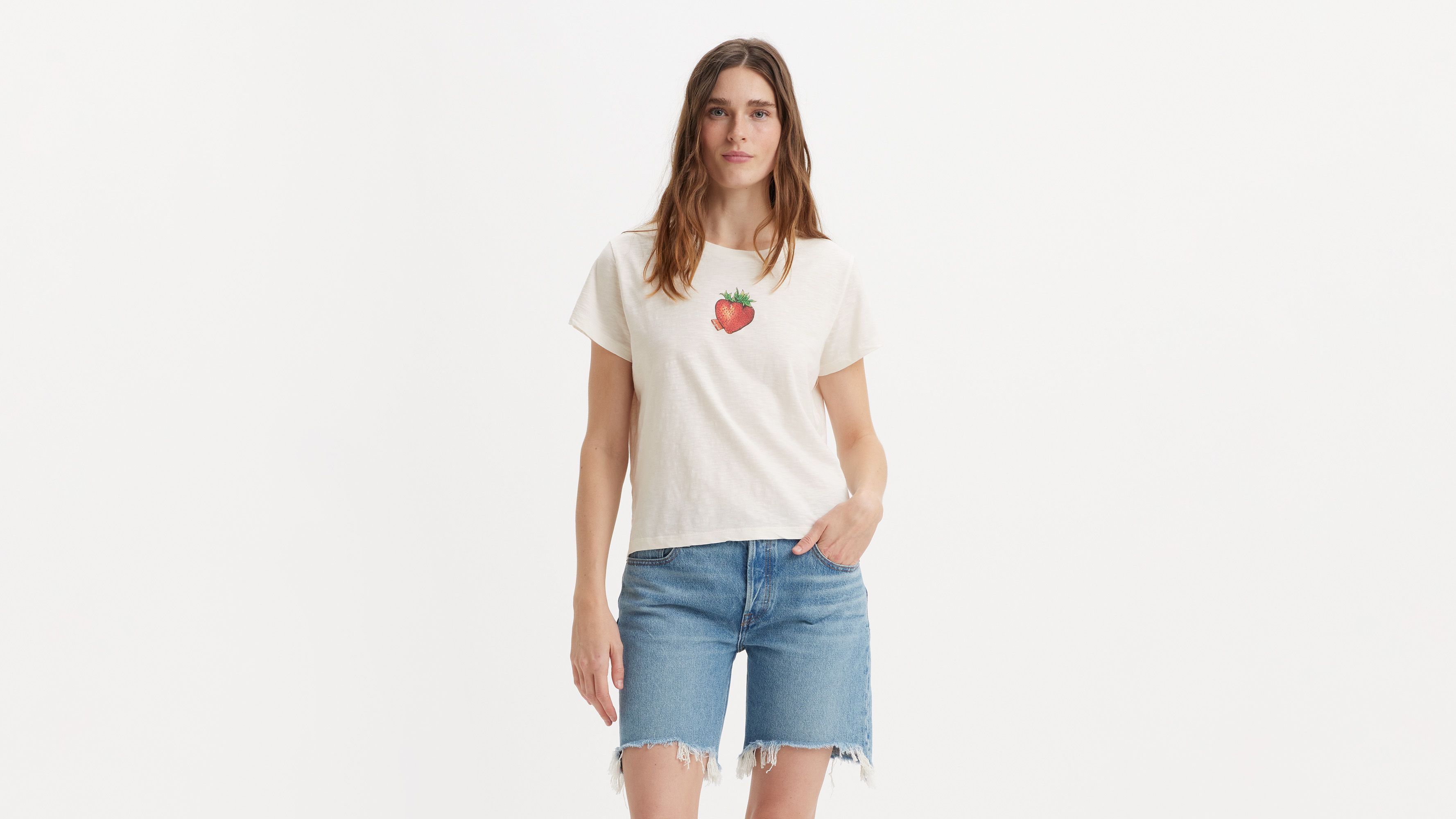 T-shirt graphique Boxy - Strawberry Tab Egret - Blanc