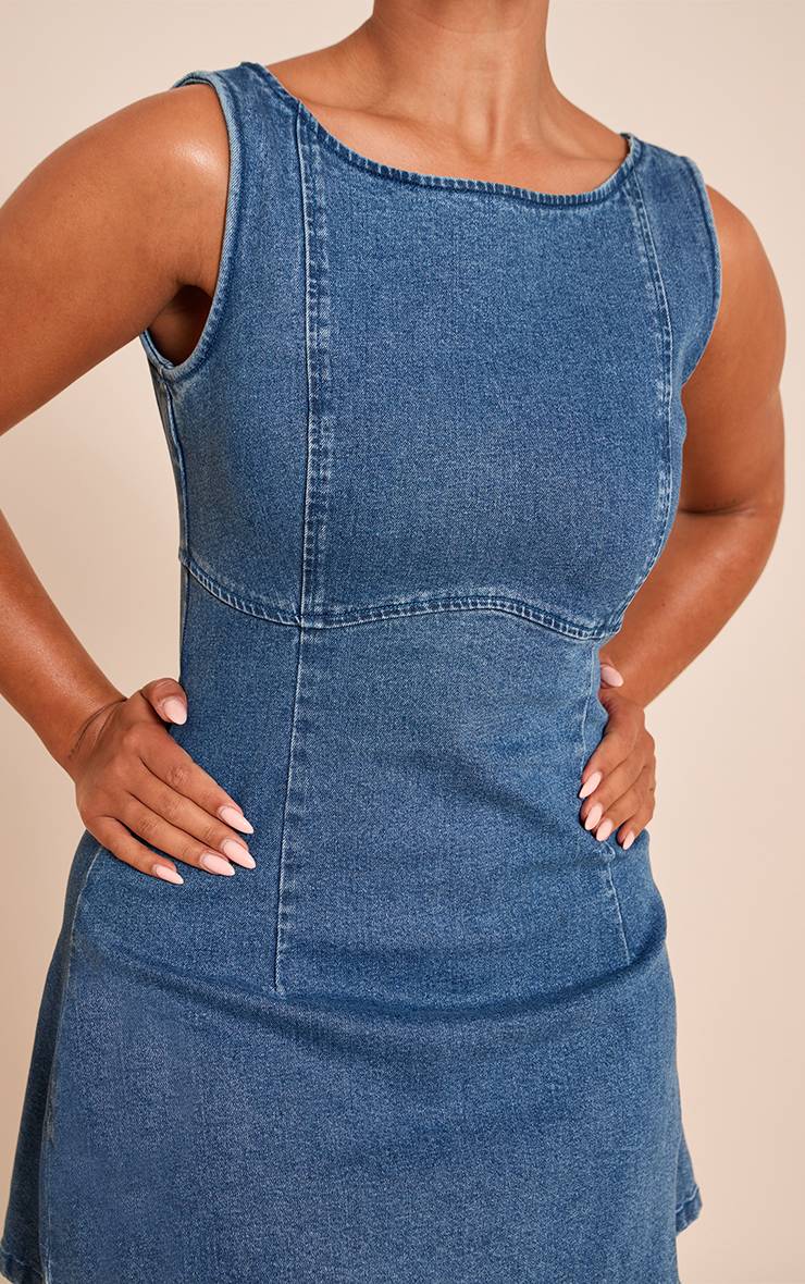 Bleu Foncé Robe Mini Évasée En Denim Stretch À Encolure Bateau Shape