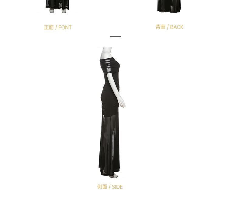 Bababy - Maxi-jurk met korte mouwen, off-shoulder, effen gerimpeld paneel en mesh