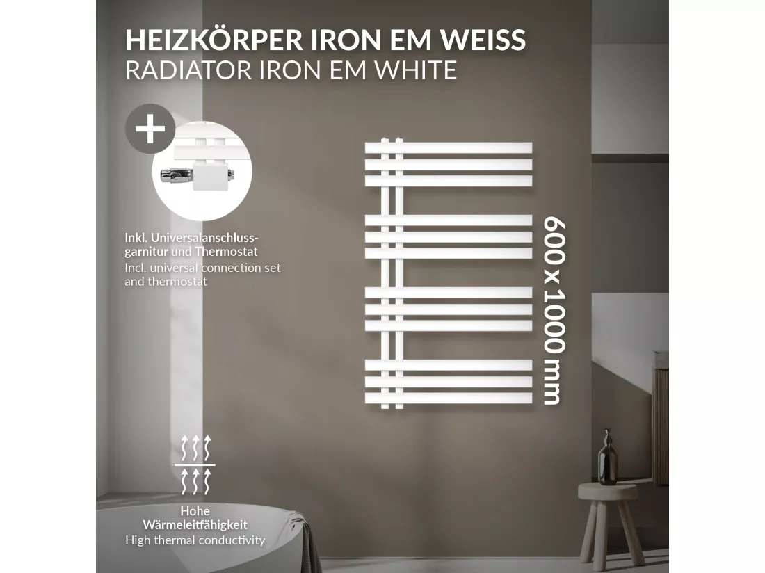 Radiateur Design Iron EM 600x1000 mm Blanc Raccord Central au Bas avec Garniture