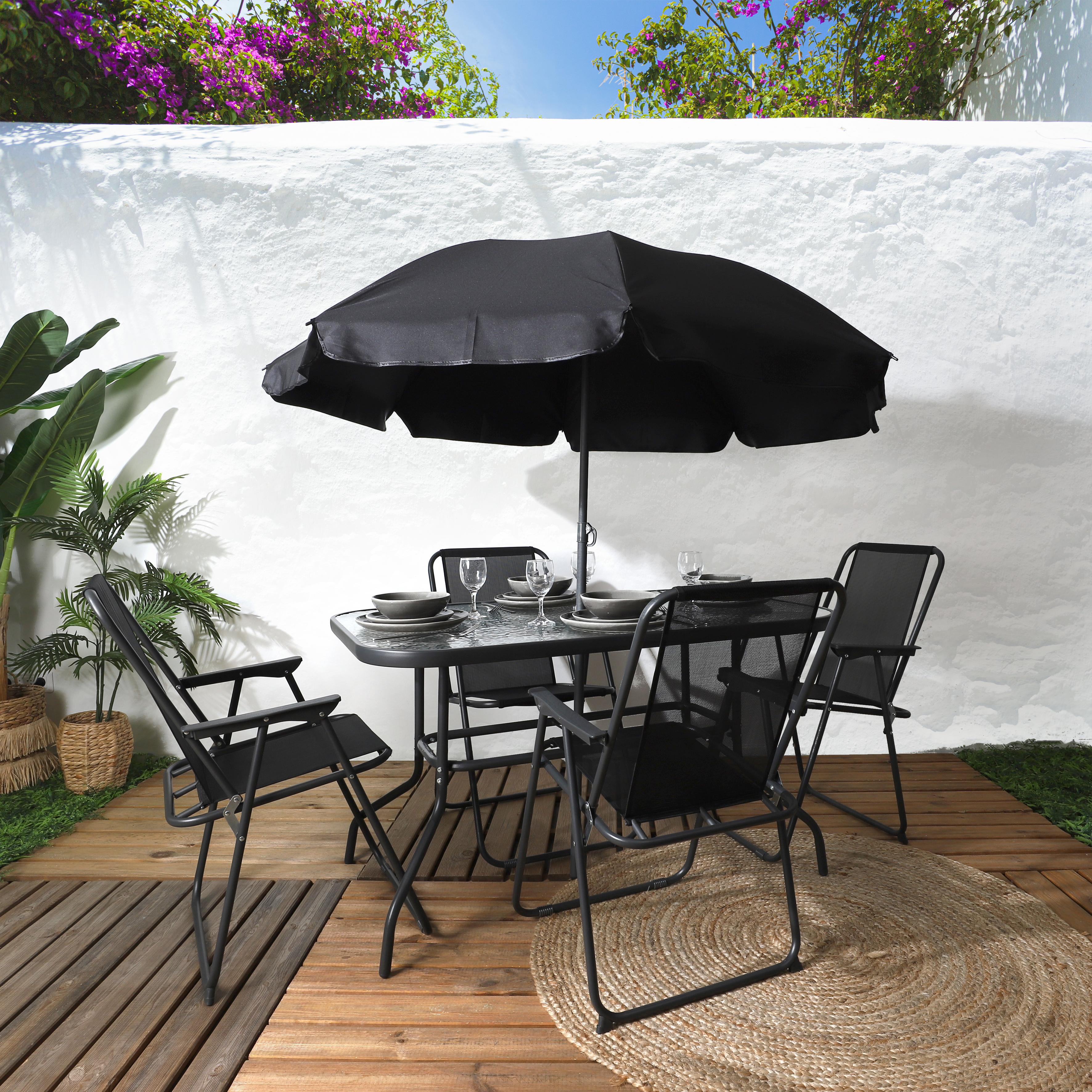 TABLE JARDIN RECTANGULAIRE 4 CHAISES ET PARASOL