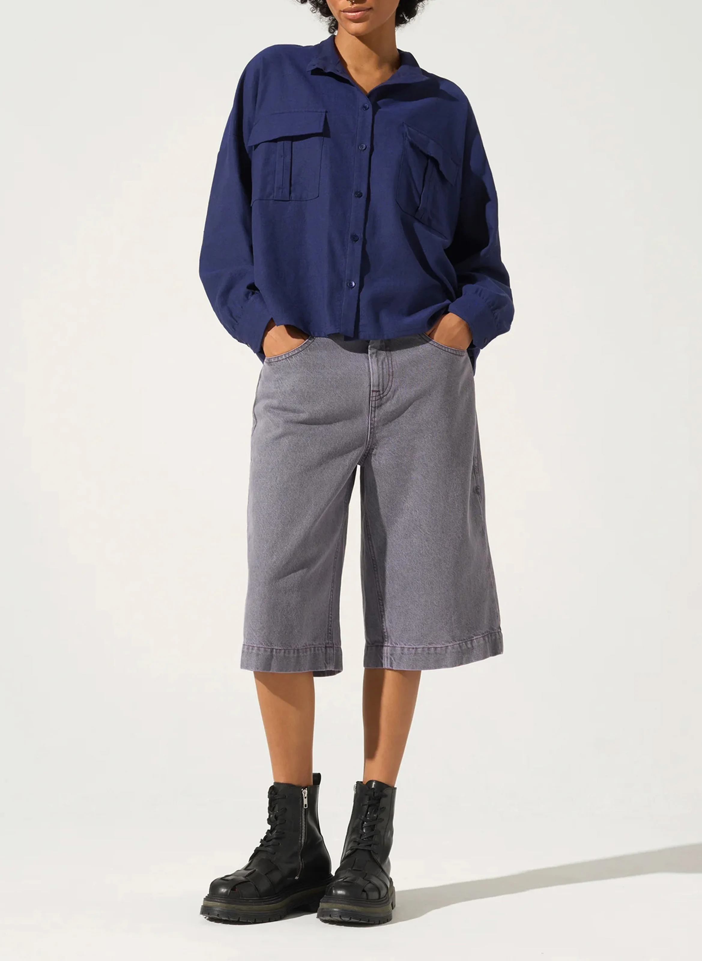 Chemise col officier en coton et en lin mélangés | Bleu