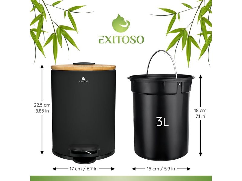 Exitoso Tretmülleimer mit Softclose-Deckel 3 l, Schwarz Abfalleimer aus Bambus