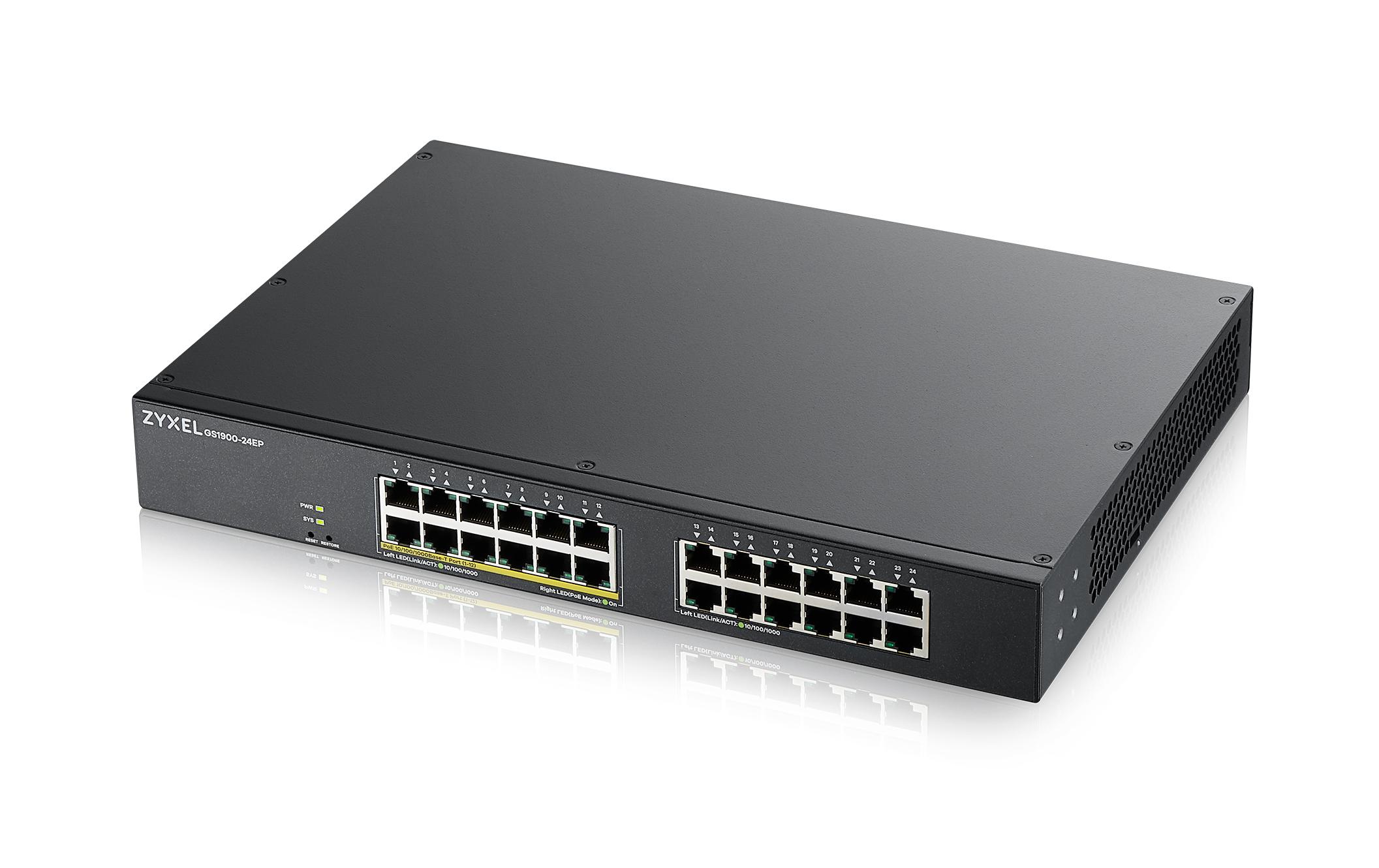 PoE+ Switch GS1900-24EP 24 Port<br>Web-managed Switch mit 12 PoE-fähigen Gigabit-Ports