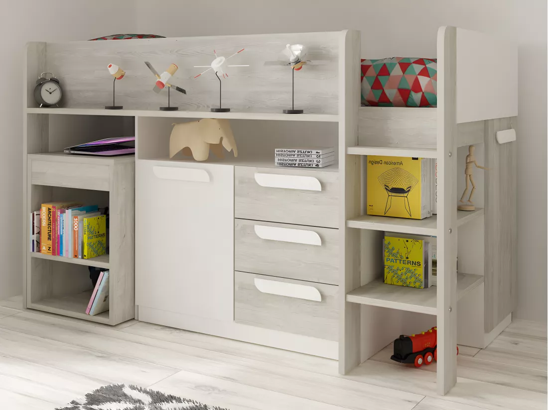 Lit combiné 90 x 200 cm - Avec bureau et rangements - Blanc et naturel - LOUKALA
