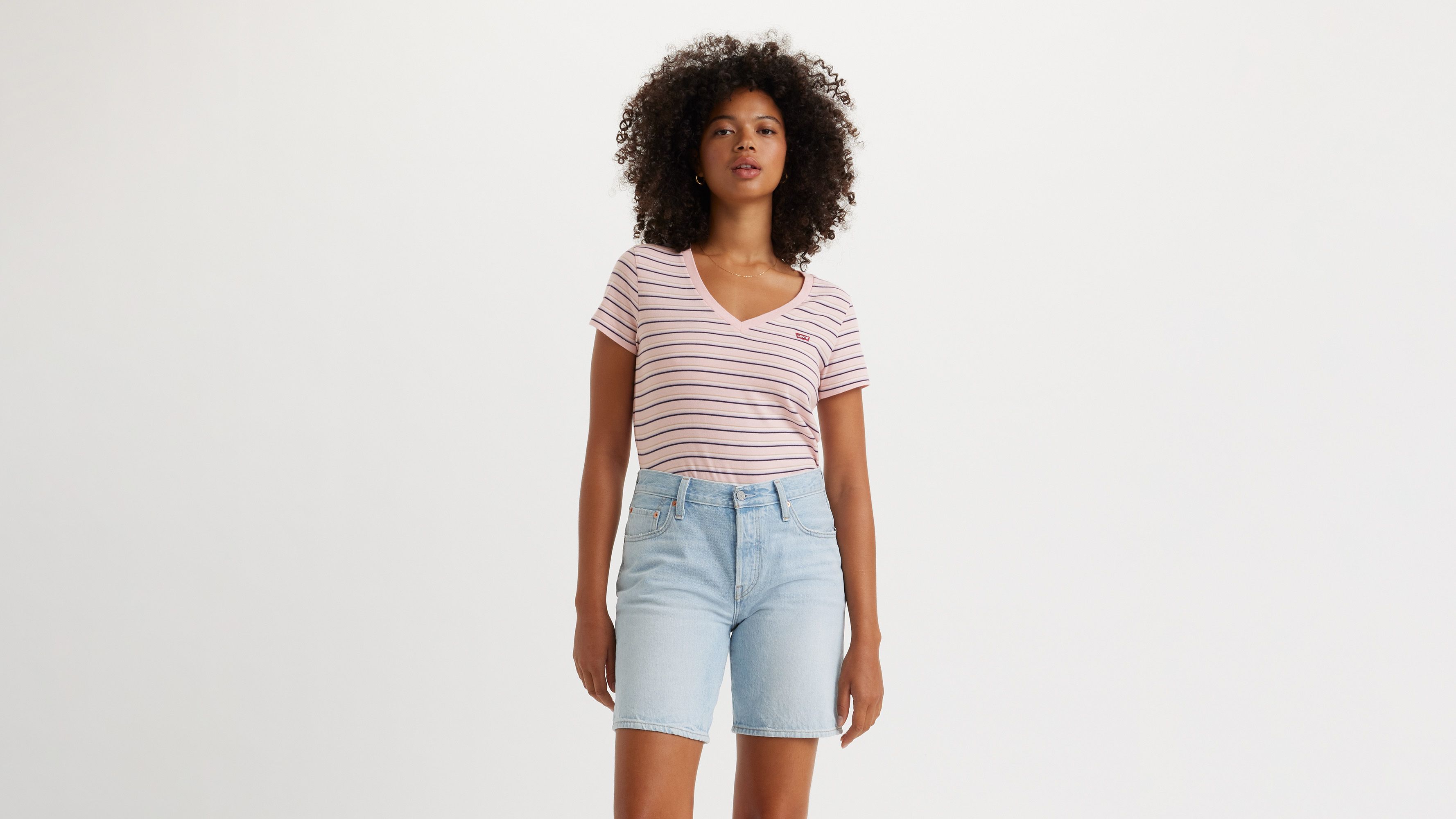 T-shirt Perfect à col V - Cool Stripe Chalk Pink - Rose