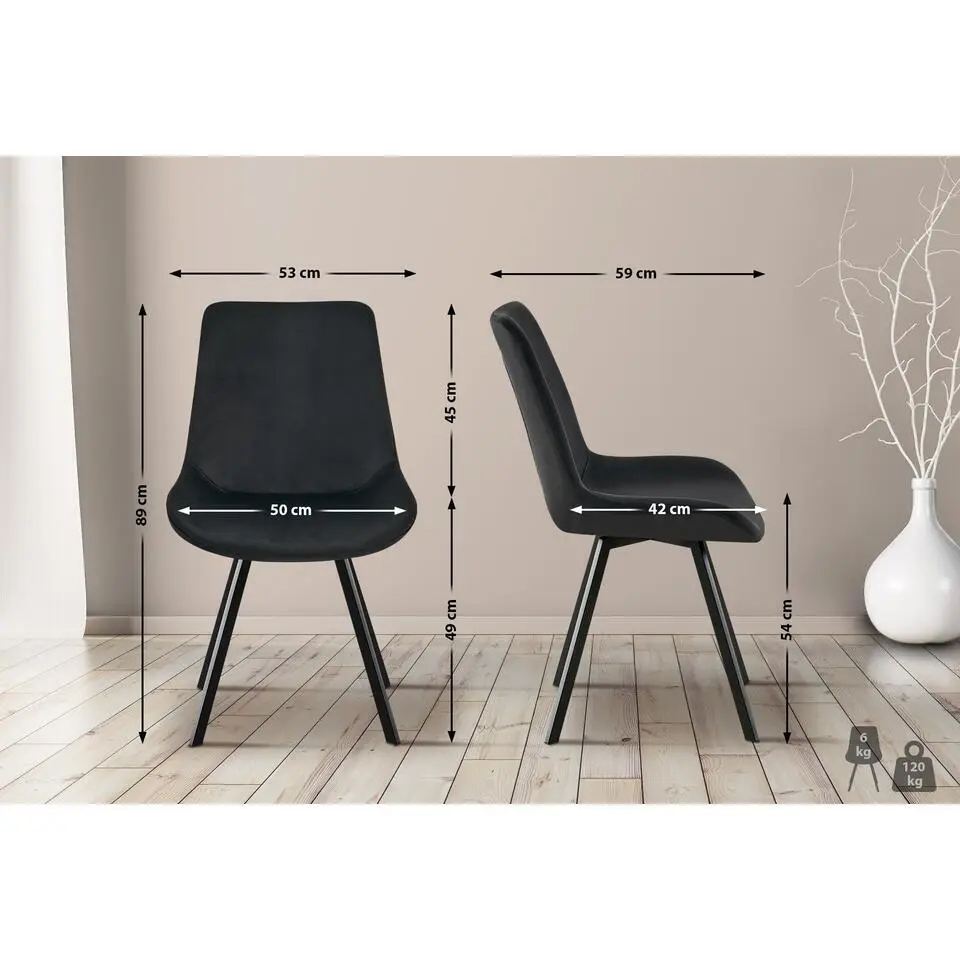 CLP Set van 2 Eetkamerstoel Lewes zwart Frame - Fluweel - zwart