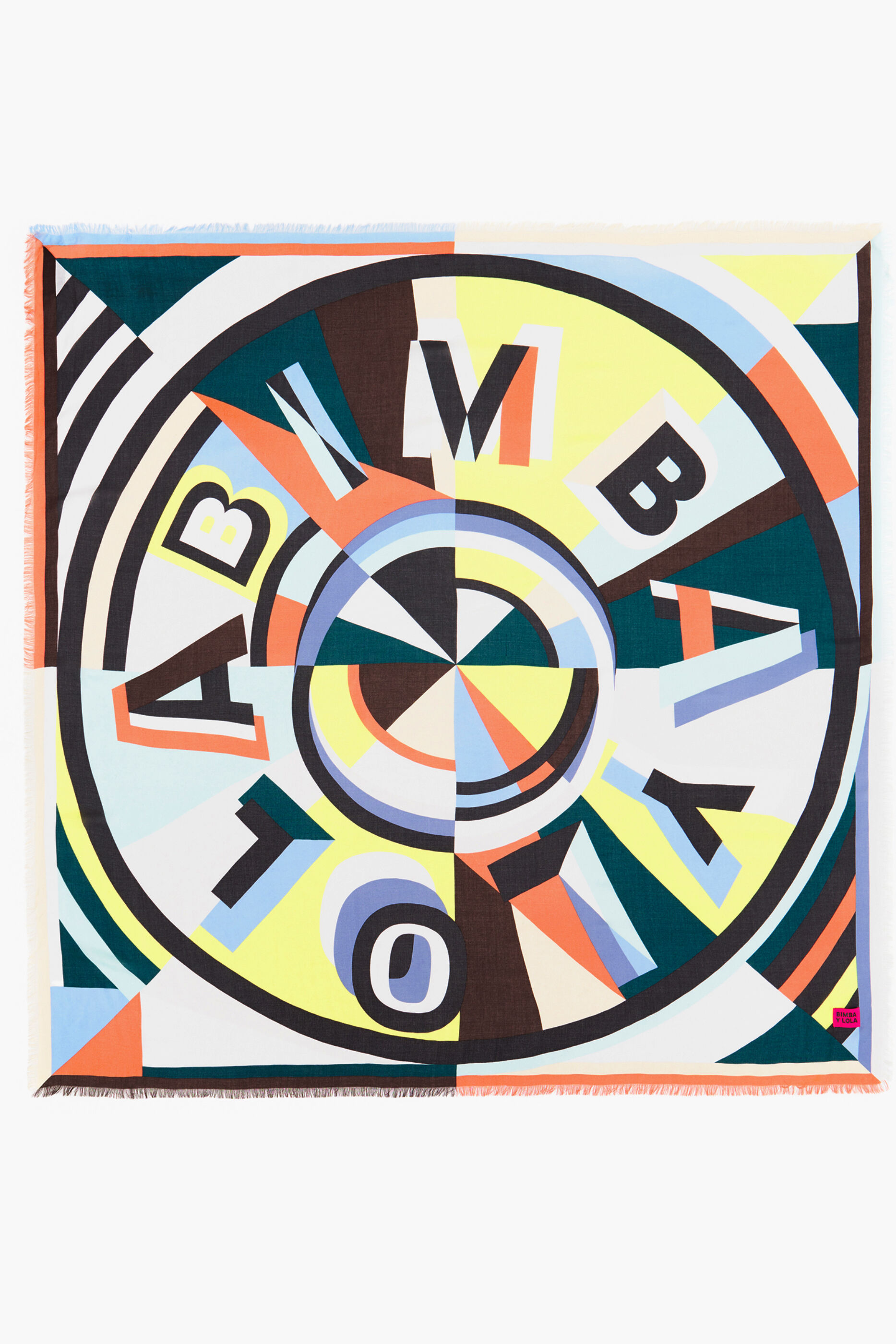 Xale amarelo com logotipo geométrico