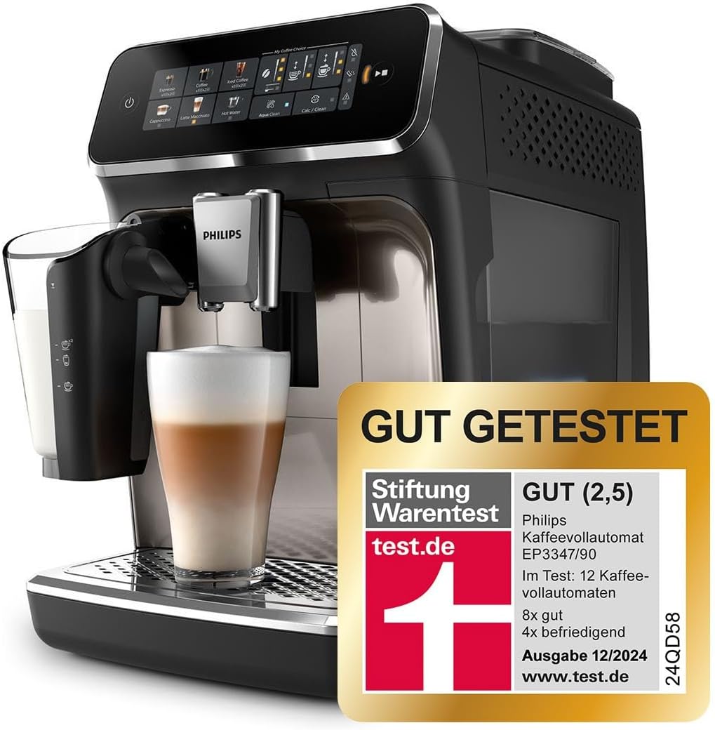 Philips 3300 Series Kaffeevollautomat - 6 Getränke, Modernes Farb-Touchscreen-Display, LatteGo-Milchsystem, SilentBrew, 100% Keramikmahlwerk, AquaClean Filter. Schwarzchrom (EP3347/90)