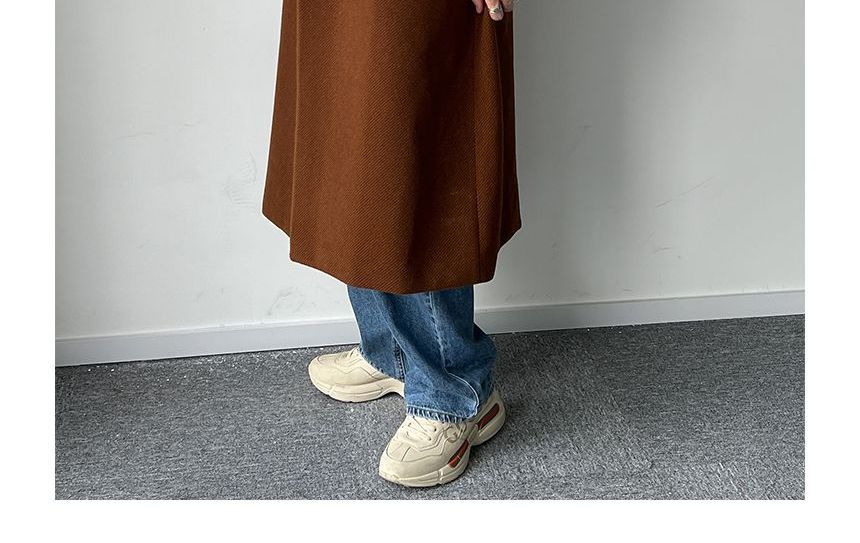 Freehop - Peak Lapel Plain Midi Double-Breasted Coat