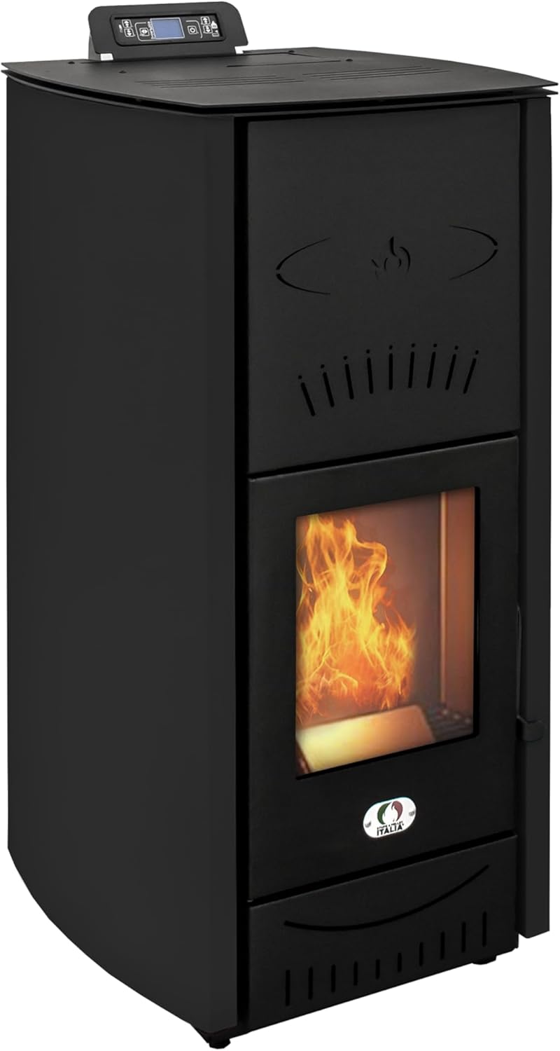 STUFE A PELLET ITALIA Asia 24 Kw | Hydro-Pelletöfen Effizienz 92% Heizung für 180m² Autonomie 22 Std. Programmierbar 5 Geschwindigkeiten und Leistungsstufen 24M Garantie Schwarz