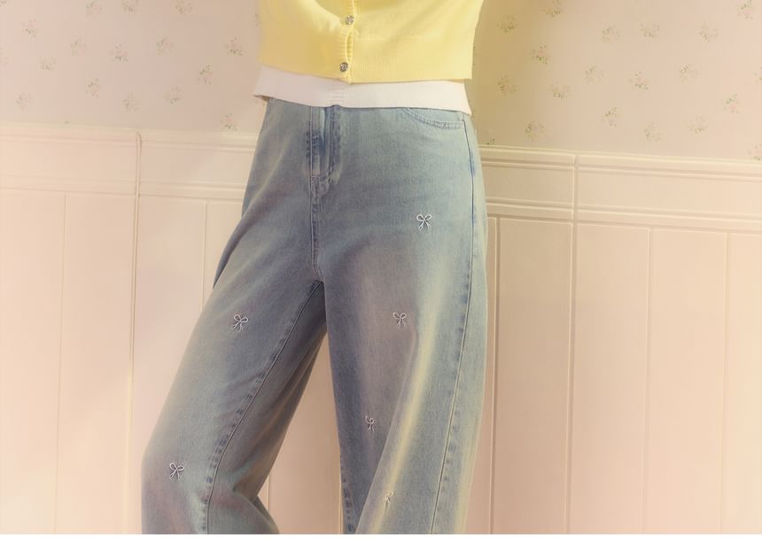 Zeedaren - Plus Size High Rise Bow Borduurde Washed Wide Leg Jeans