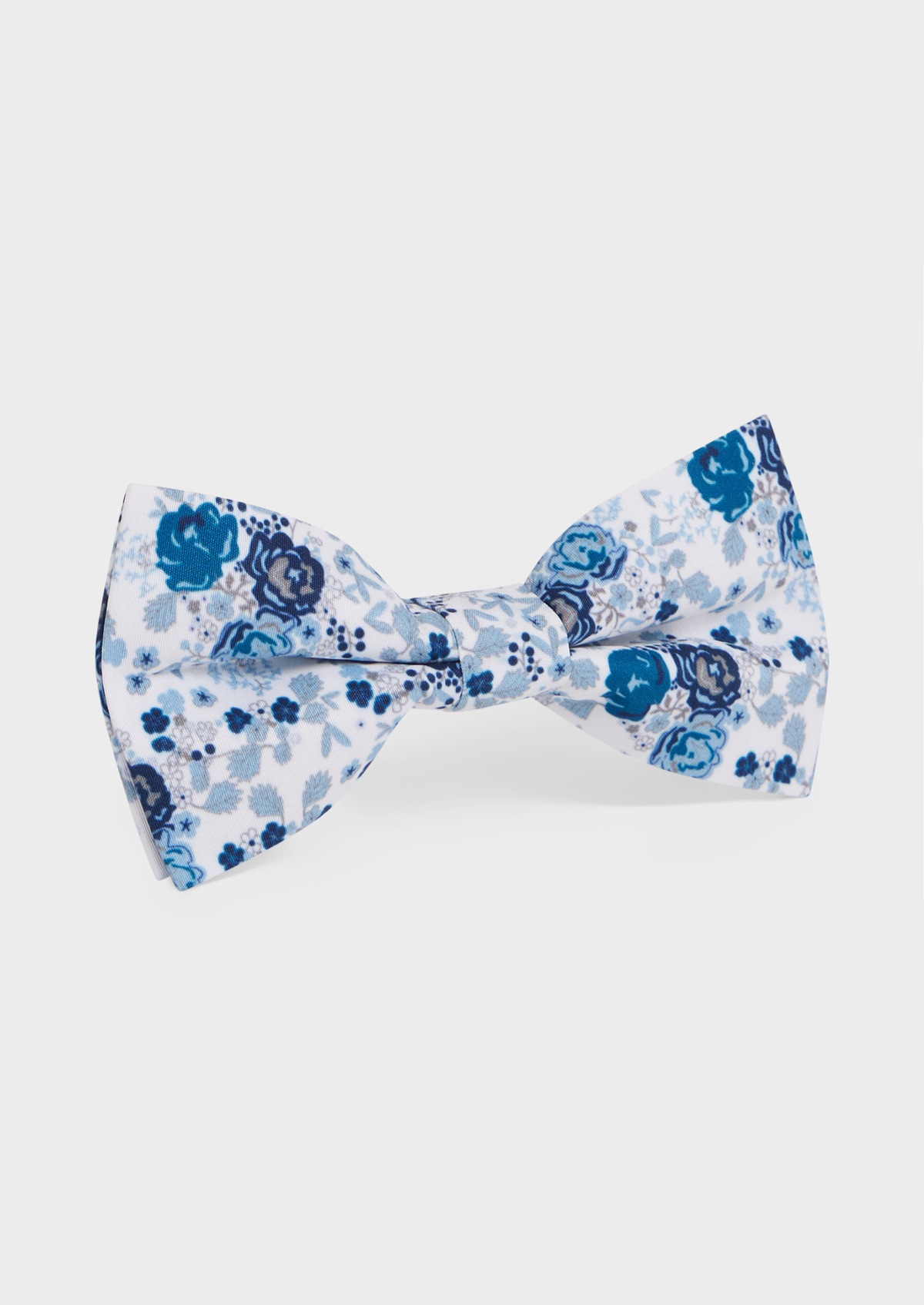 Noeud-papillon blanc à motif fleuri vert et bleu prusse