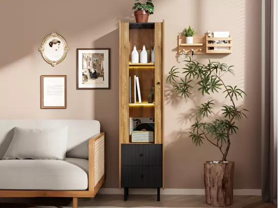 Buffet 180 cm - avec LED et porte vitrée - 2 tiroirs - Naturel + Noir