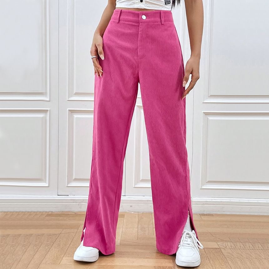 Asiris - Hoge taille effen corduroy losse broek met split