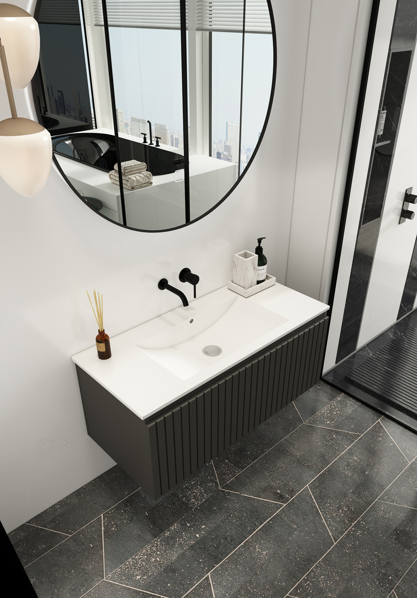 Fontana Lento zwart badmeubel ribbelfront 100cm met witte wastafel zonder kraangat en ronde spiegel