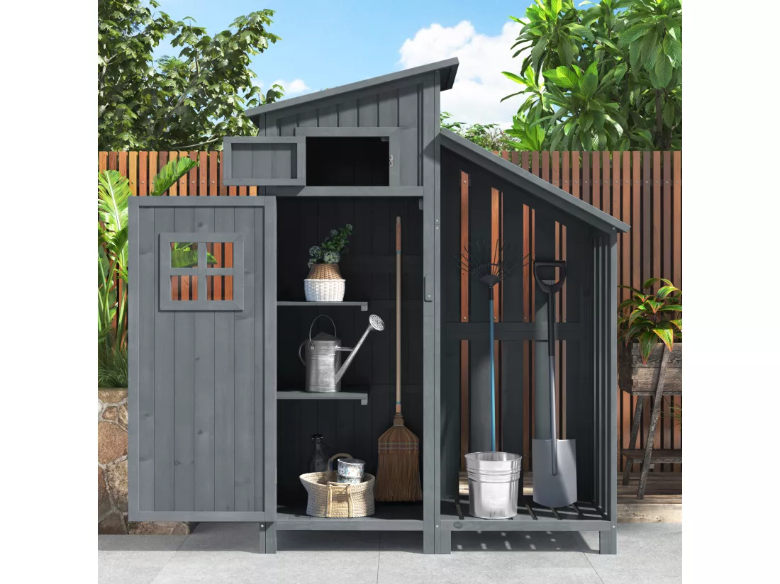 Abri de jardin en bois massif avec toit pente en PVC - 2 étagères 3 portes loquets - L124 x P46 x H174 cm - Gris