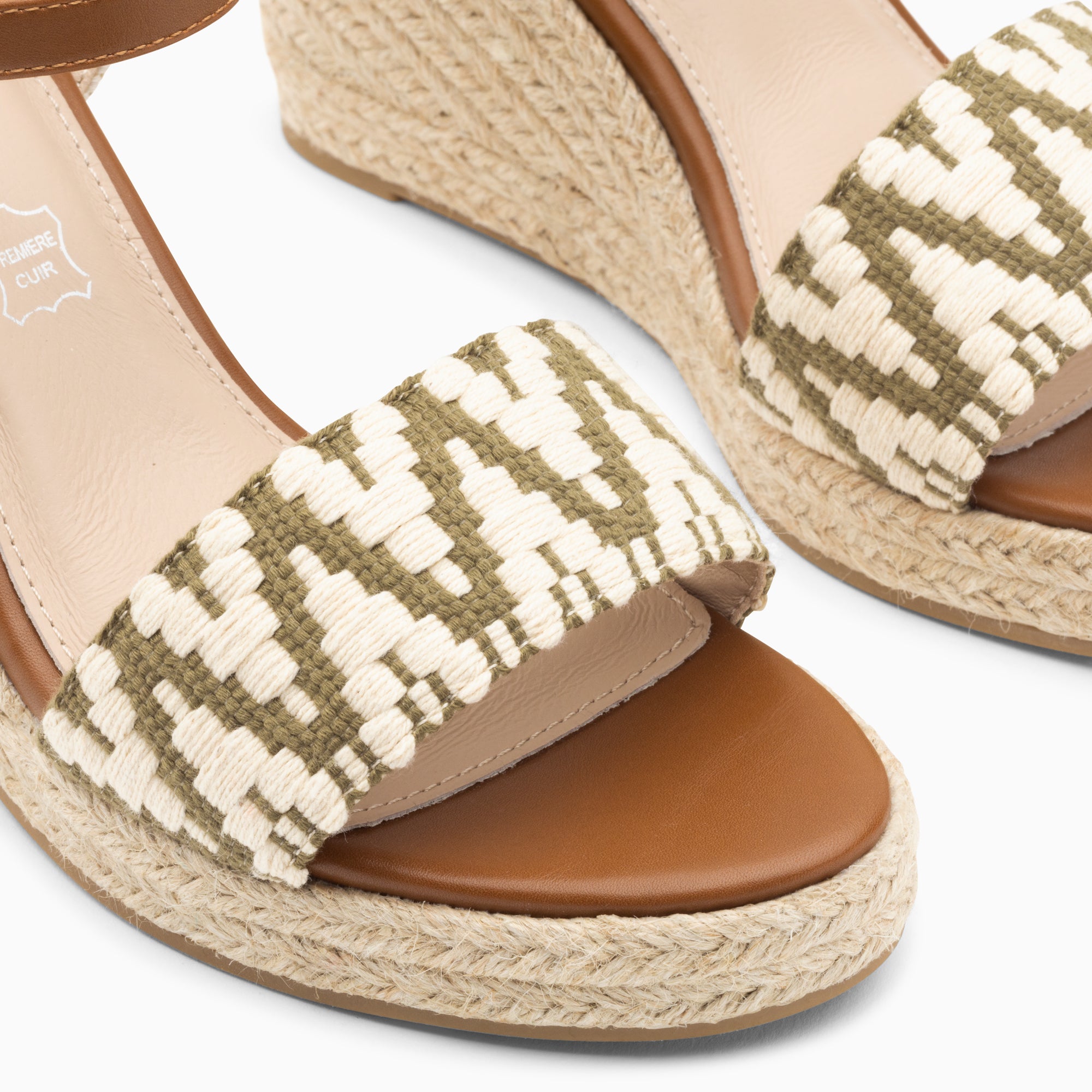 Sandales à talon, Compensées-Sandales compensées Malvina kaki en tissu jacquard