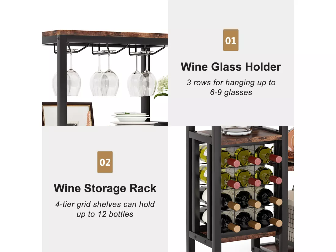 Étagère à vin Autonome à 5 étages avec Support en Verre et Rangement de vin, étagère Industrielle pour Bar, Cuisine, Salle à Manger (Marron)