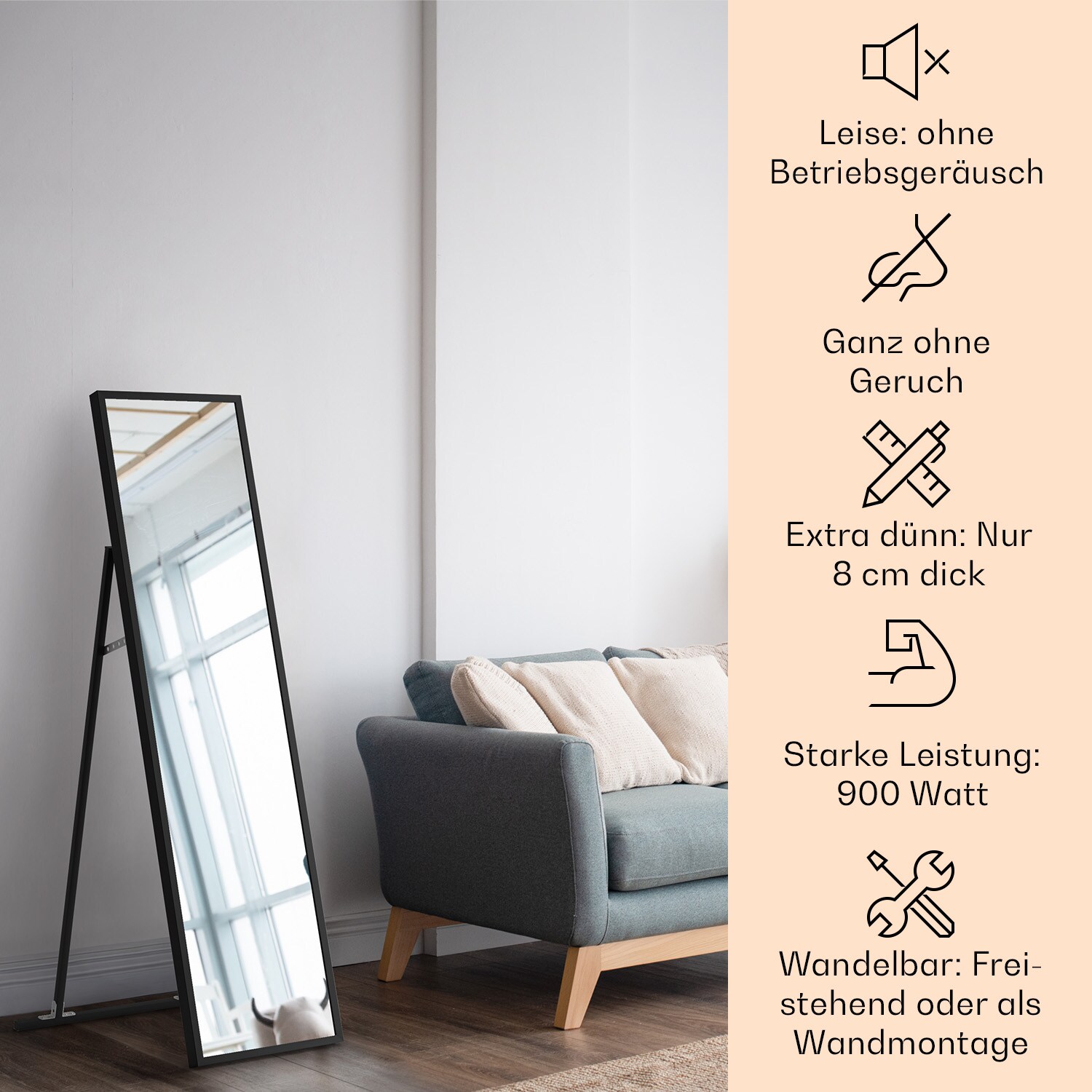 La Palma 900 smart Infrarotstrahler Konvektor 40x160cm 900W Spiegel Standfuß