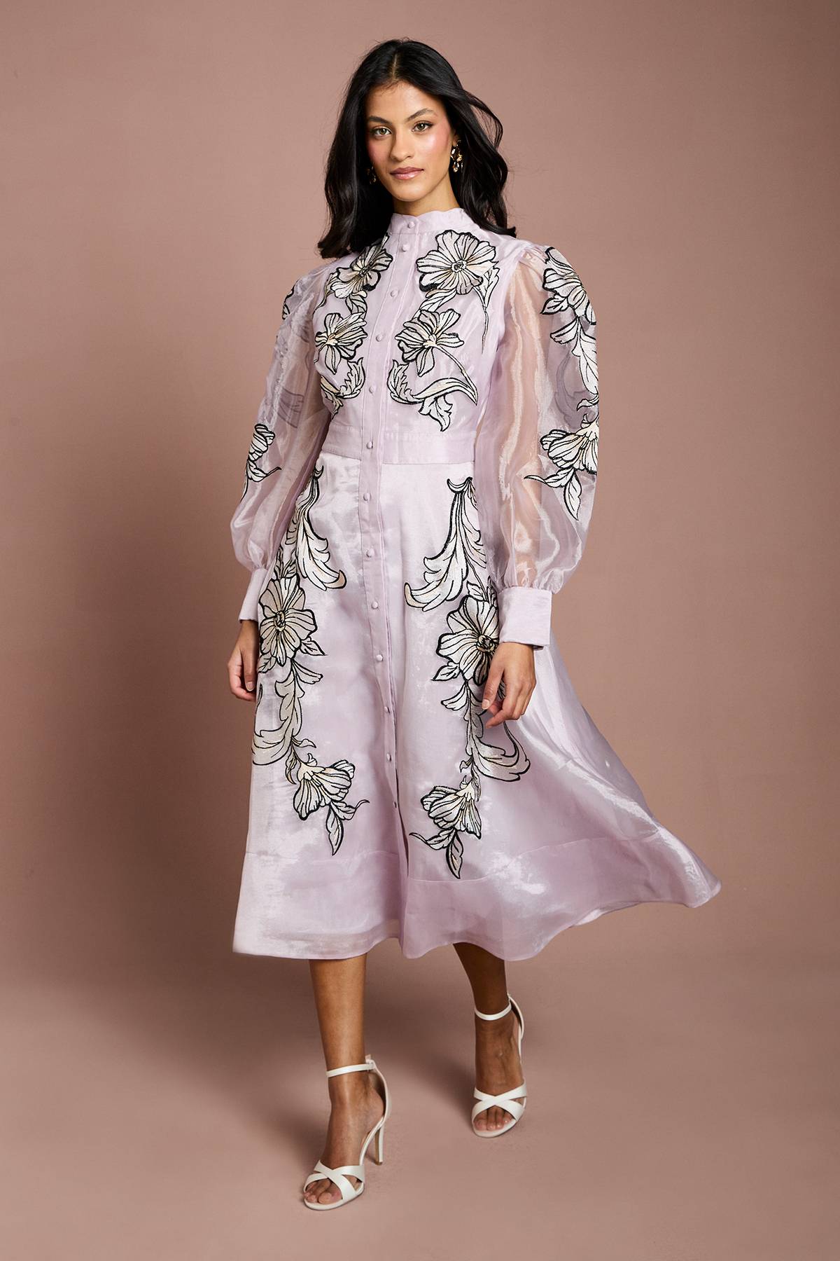 Coast Robe Midi Brodée À Manches Longues Petite Taille