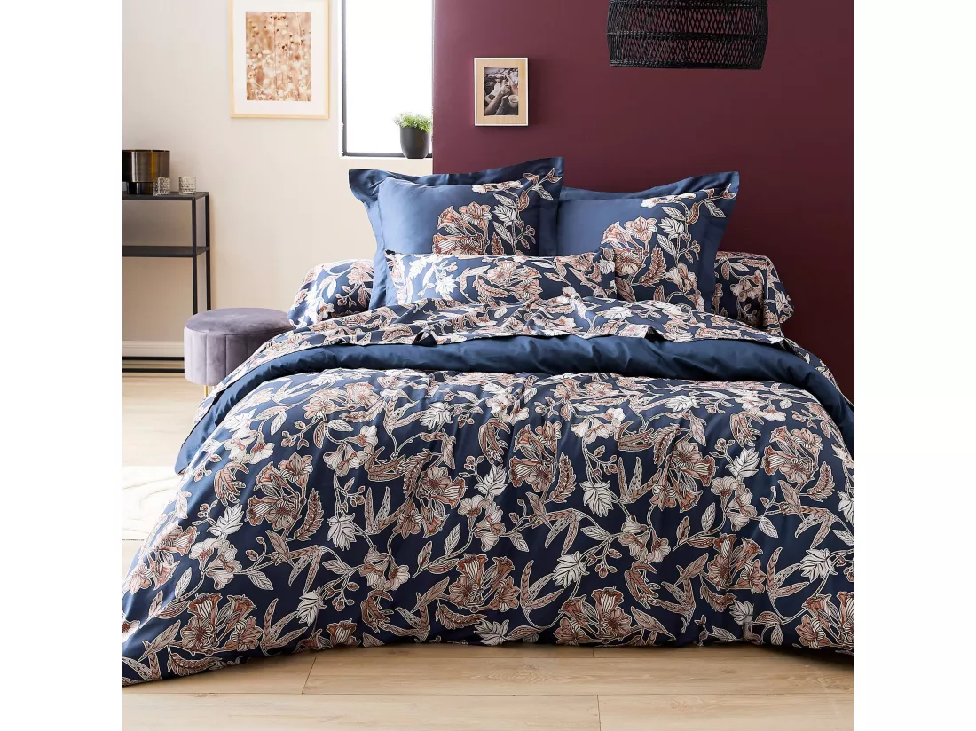 Taie de traversin 140x43 cm satin de coton BOTANIC bleu Nuit