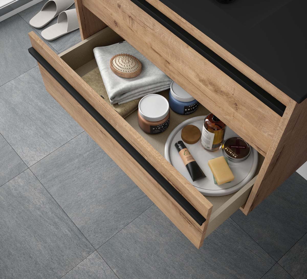 Muebles Resh badkamermeubel eiken 60cm met zwarte wastafel zonder kraangat