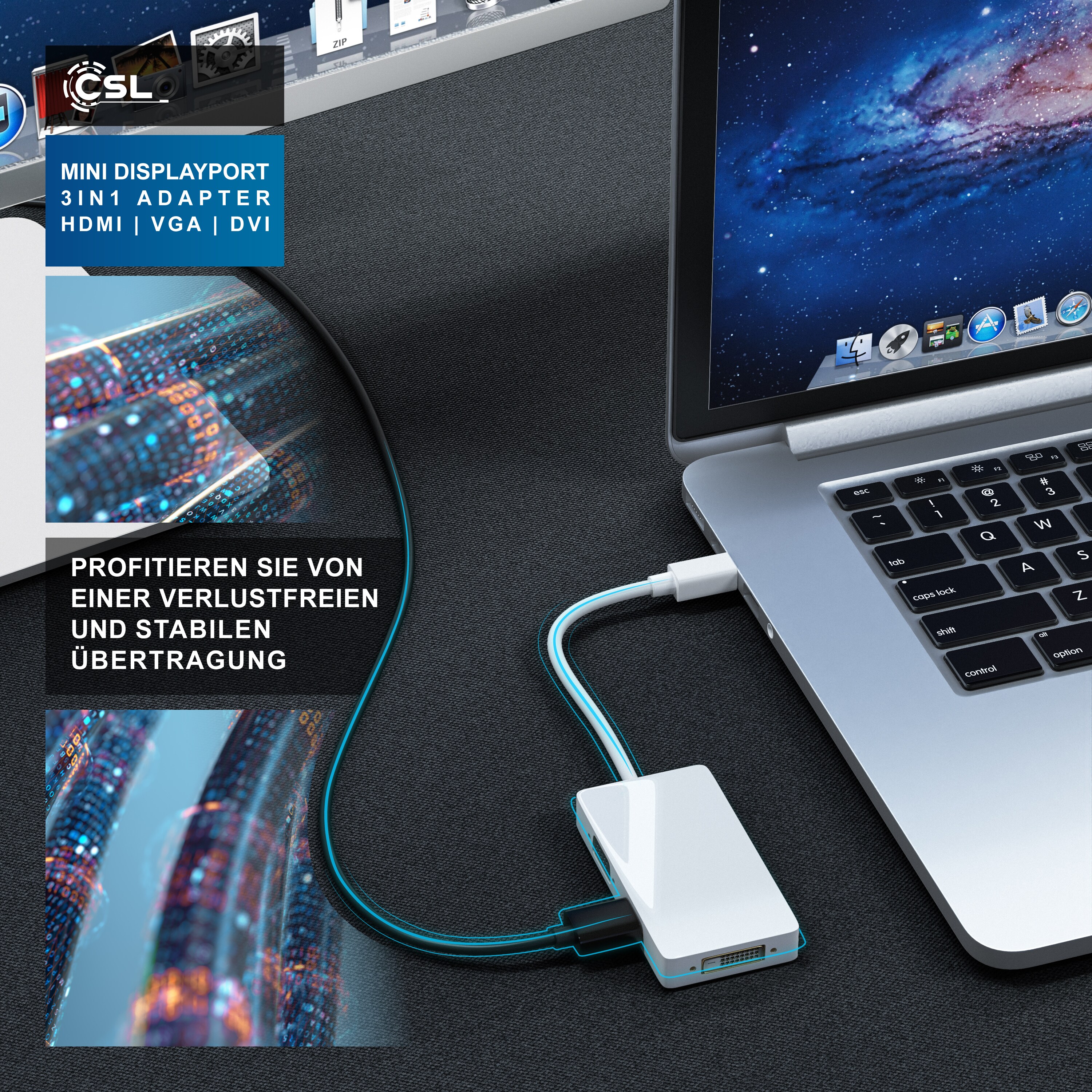 CSL 3in1 Mini DisplayPort zu HDMI, DVI, VGA Adapter Konverter, miniDP 1.2 4k 3840x2160 UHD 2160p, 0,15m