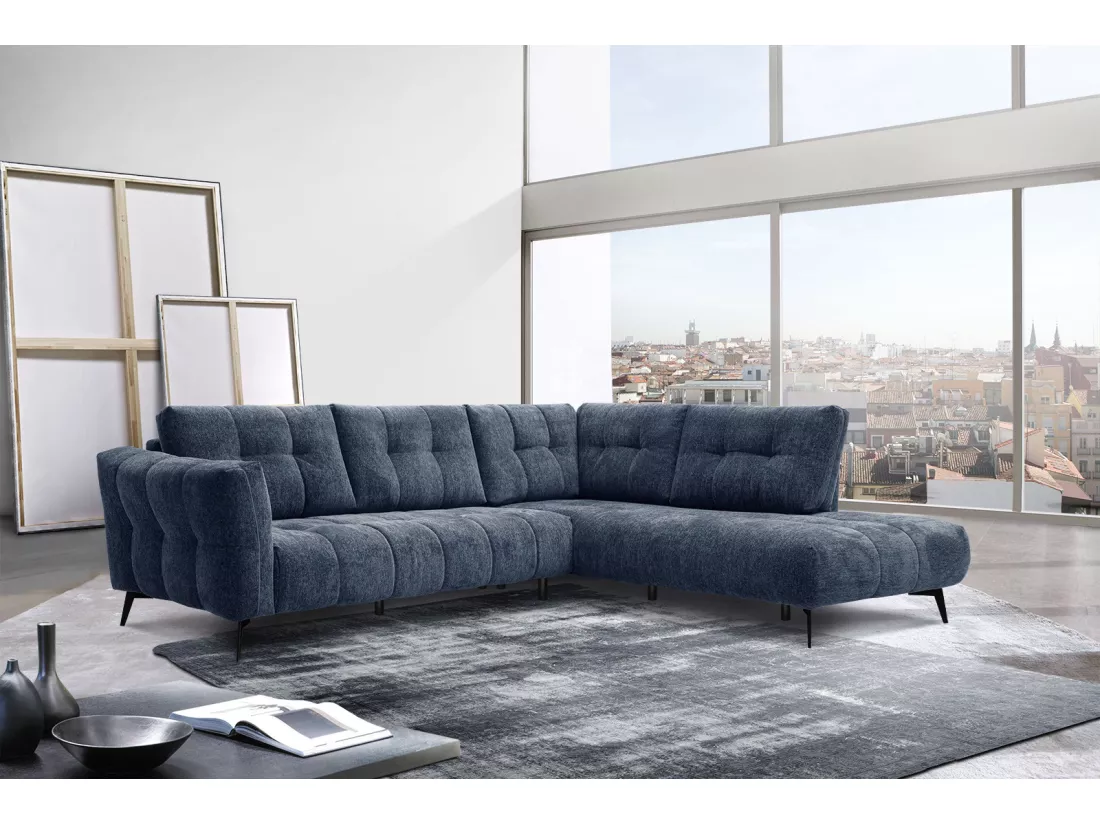 Canapé d'angle droit 5 places tissu bleu foncé