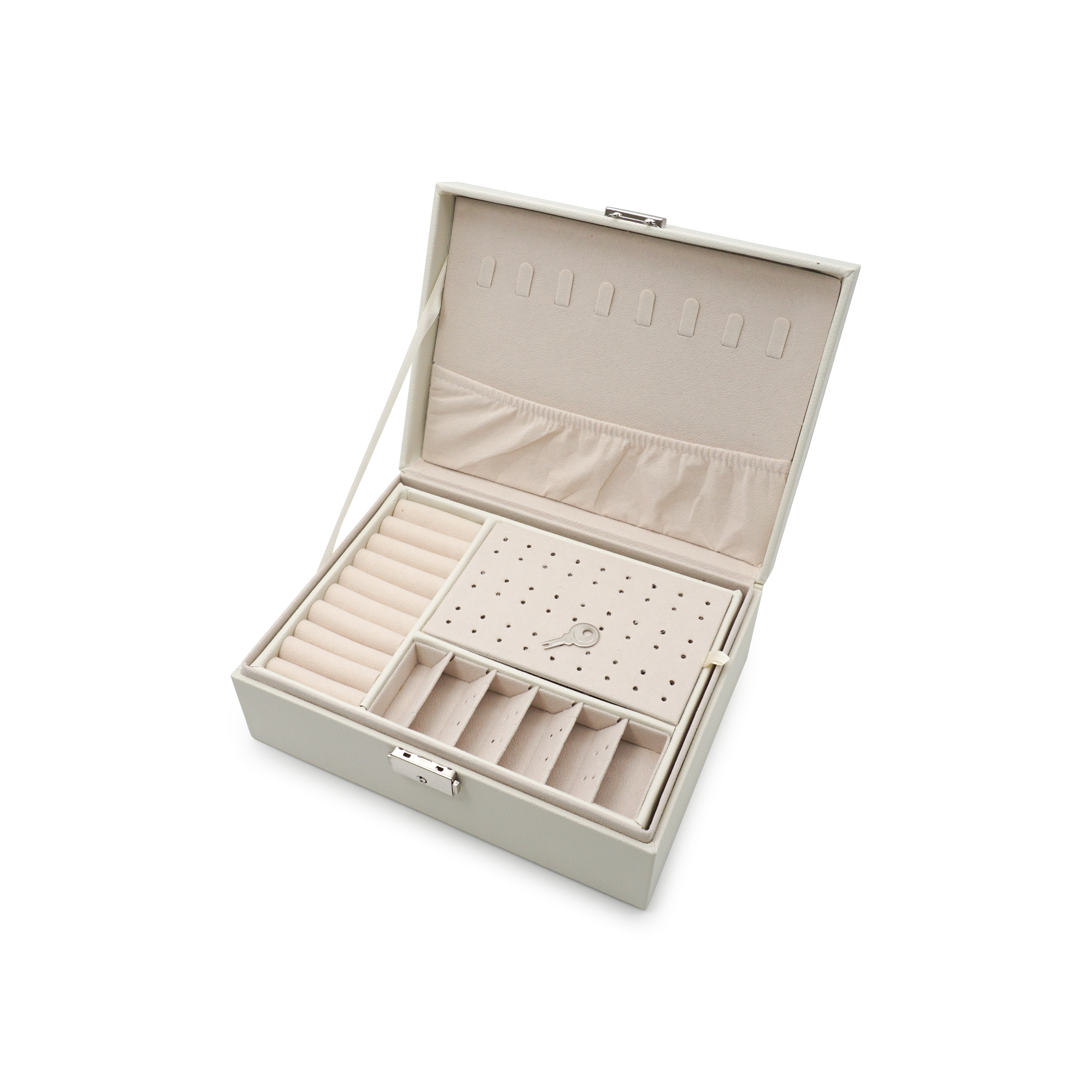 Leder Schmuckschatulle mit Schloss Aufbewahrungsbox Organizer für Ringe / Halskette / Ohrringe / Armbänder - Ivory / Weiss
