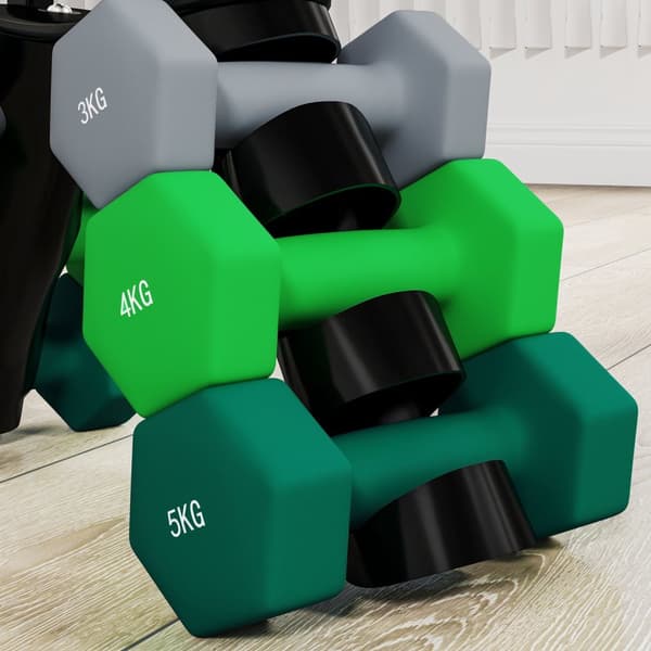 Sett med 6 manualer 2 x 3 kg, 2 x 4 kg, 2 x 5 kg, manualsett med stativ, hexagon manualsett, for styrketrening, fitness hjemmetrening, grå+grønn+turki