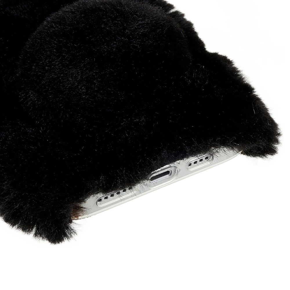 iPhone 14 3D Gummi Plüsch Case Hülle Bunny mit Flauschigen Hasenohren - Schwarz