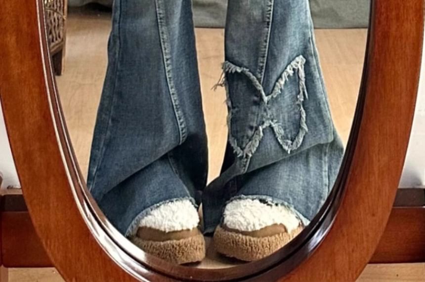 Kloitrinm - Mid Waist Butterfly Applique Washed Flared Jeans