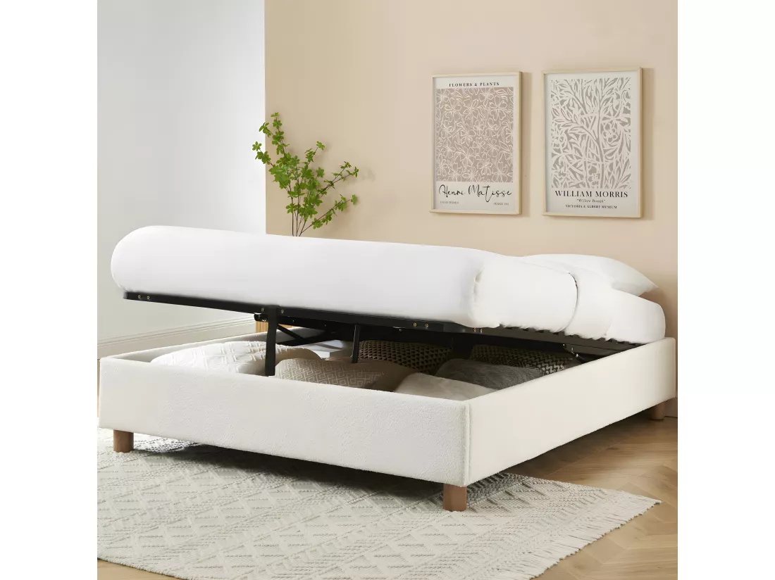 Millo - Lit coffre en tissu bouclette 160x200cm - Ecru