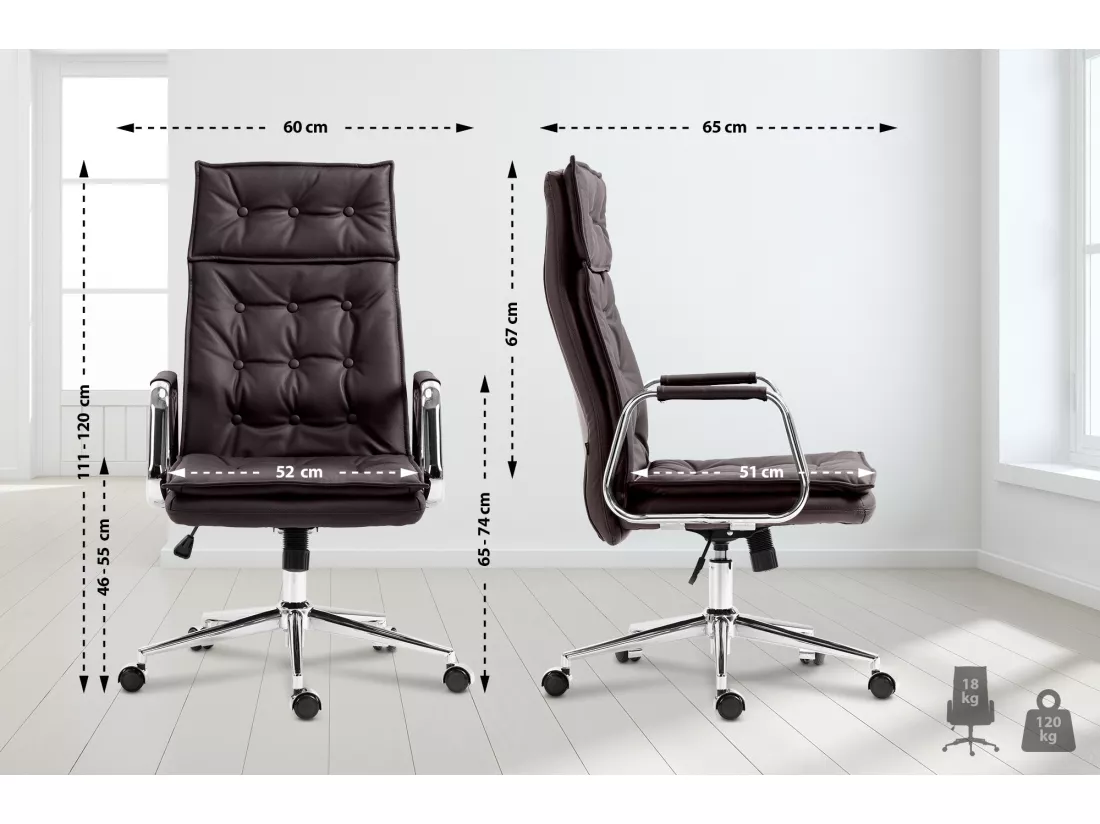 Chaise de bureau - Véritable cuir & Métal chromé - Marron - Sotira