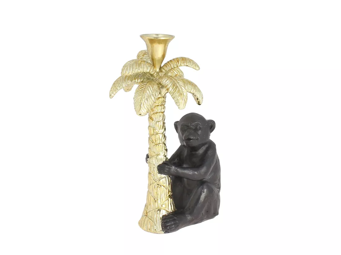 Now's Home - Bougeoir Palmier Dore Avec Singe Noir 11x9x19cm Rico