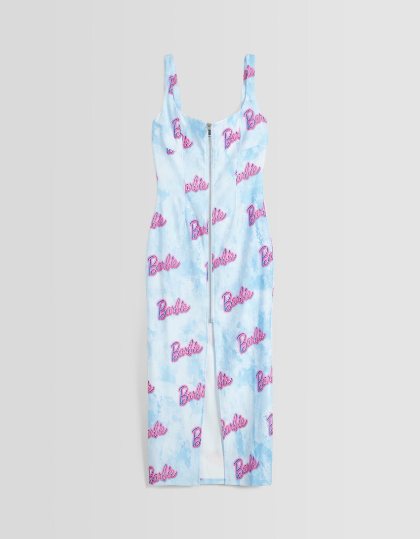 Vestido midi de alças com estampa da Barbie